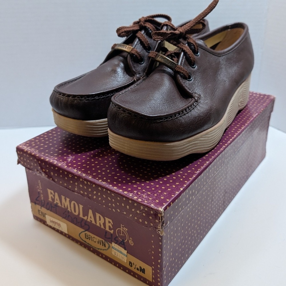 Vtg Famolare Brown Leather Truth or Square Oxford Wavy Wedge Platform Womens 8.5